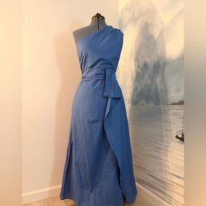 Elegant One-Shoulder Blue Maxi Dress with Waist Tie #138